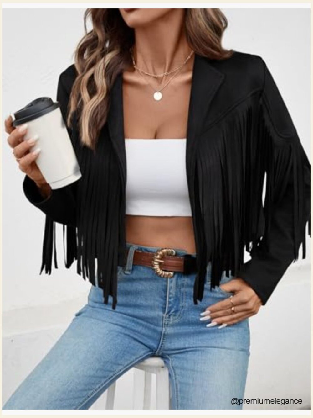 Faux Suede Leather Cropped Jacket with Fringe Tassel Sleeves Lined - Picture 4 of 7